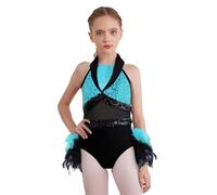 renvena Robe Danse Jazz Scintillante sans Manches pour Filles Tutu Leotard avec Bordure en Plume pour La Danse Ballet Et Latin pour Les Enfants Ans Bleu Clair 13-14 Ans