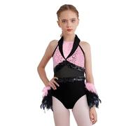 renvena Robe Danse Jazz Scintillante sans Manches pour Filles Tutu Leotard avec Bordure en Plume pour La Danse Ballet Et Latin pour Les Enfants Ans Rose 15-16 Ans