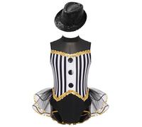 renvena Robe Danse Latine Rayures pour Filles avec Chapeau Sequin Robe Tutu sans Manches Et Dos Creux pour Figure Skating pour Performance Noir 5-6 Ans