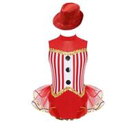 renvena Robe Danse Latine Rayures pour Filles avec Chapeau Sequin Robe Tutu sans Manches Et Dos Creux pour Figure Skating pour Performance Rouge 5-6 Ans