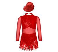 renvena Robe De Danse Jazz Pour Mädchen Paillettes Brillantes Pompons Robe De Bal Manches Longues Spectacle Théâtral Compétition Tenue Danse Rouge 15-16 ans