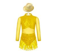 renvena Robe De Danse Jazz Pour Mädchen Paillettes Brillantes Pompons Robe De Bal Manches Longues Spectacle Théâtral Compétition Tenue Danse Or 11-12 ans