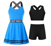 renvena Robe de Tennis Enfant Fille Survêtements 3 Pièces Débardeur & Short & Robe Dos Bretelles Croisées Tenue de Sport Jogging Badminton Golf 6-14 Ans A Bleu 9-10 Ans