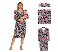 renvena Set Robe pour Maman Et Bébé Maman Robe Et Couverture pour Bébé Maternité Imprimée Léopard Travail pour Accouchement Noir XXL