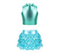renvena Vêtements De Danse pour Jeunes Filles en Pièces Combinaison Dun Haut sans Manches avec Une Jupe À Paillettes Costume De Performance Hip Hop Brillant Lac Bleu 7-8 Ans