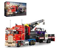 Reobrix Camion semi-remorque avec blocs de construction pour remorque | 1387 pièces semi-camion classique d'Amérique du Nord, grue pliante avec remorque amovible, cadeau pour adultes et garçons à