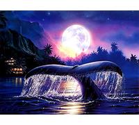 Reofrey 5D Diamond Painting Lune Baleine Mer, DIY Diamant Peinture Plein Forage Broderie Diamant kit Complet Artisanat Point De Croix Chambre Salon Décoration Murale (30x40cm)