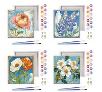 Reofrey Lot de 4 kits de peinture à l'huile par numéros pour adultes - Avec cadre - Motif fleur de continent - 20 x 20 cm - Avec pinceau et peinture acrylique - Peinture par numéros pour enfants