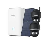 Reolink Argus PT Ultra + SP 2Pack avec Home Hub, Caméra de surveillance 4K 8MP Extérieur Batterie, 5/2,4 GHz, 360° Pivotant, Vision nocturne couleur, Noir