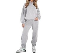 REORIA Ensemble de survêtement de loisirs en coton pour femme avec demi-fermeture éclair Gris M