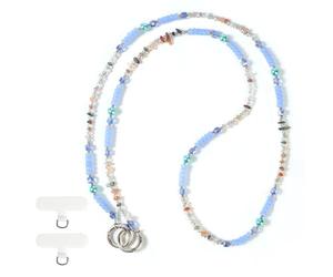 Reownest Cordon Téléphone Portable Universelle avec 2 Patchs, Lanière en Perles et Cailloux Naturels Doux, Fil Anti-Perte, Non Ajustable, Compatible avec des Smartphones, pour Femmes et Filles-Bleu