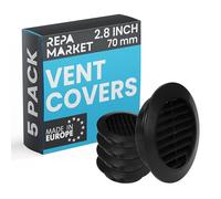 Repa Market Lot de 5 couvercles d'aération noirs de 70 mm avec écran en maille - Grille d'aération en plastique - Grille d'aération à persiennes pour intérieur et extérieur - Grille d'aération CVC