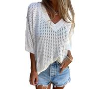 RePaLy Haut Tricoté Creux à Col en V,Pull à Manches Courtes en Crochet pour Femmes,Pull Ajouré à La Mode,Hauts en Tricot,couvertures,Chemises Pull à Manches Courtes Et Col en V (L,Blanc)