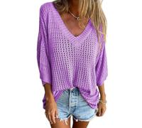 RePaLy Haut Tricoté Creux à Col en V,Pull à Manches Courtes en Crochet pour Femmes,Pull Ajouré à La Mode,Hauts en Tricot,couvertures,Chemises Pull à Manches Courtes Et Col en V (3XL,Violet)