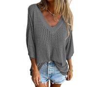 RePaLy Haut Tricoté Creux à Col en V,Pull à Manches Courtes en Crochet pour Femmes,Pull Ajouré à La Mode,Hauts en Tricot,couvertures,Chemises Pull à Manches Courtes Et Col en V (M,Gris)