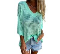 RePaLy Haut Tricoté Creux à Col en V,Pull à Manches Courtes en Crochet pour Femmes,Pull Ajouré à La Mode,Hauts en Tricot,couvertures,Chemises Pull à Manches Courtes Et Col en V (M,Vert)