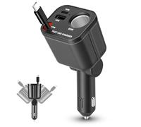 Répartiteur allume-cigare 4 en 1 USB C, chargeur de voiture 145 W, avec câble de type C rétractable, adaptateur USB 12 V/24 V, compatible avec iPhone 17/16/Samsung S26