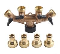 Répartiteur de tuyau réglable en laiton, connecteur de tuyau d'arrosage 4 voies avec valves marche/arrêt de 1,9 cm et poignée, inverseur d'eau pour pelouse extérieure