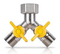 Répartiteur en Y à 2 voies - 1/2" - Distributeur d'eau en Y - Vanne de commutation en laiton - 2 compartiments avec robinets d'arrêt indépendants - Pour machine à laver et tuyau d'arrosage