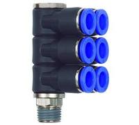Répartiteur multiple "Blue Serie" 6 positions rotatif R 3/8 a., pour un diamètre extérieur de 12 mm, pour une utilisation en continu Charge maximale : 15 bars, plastique/MS vern.