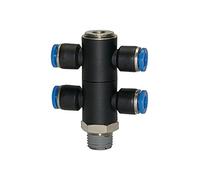 Répartiteur T-Multi-Distribuer"Série Bleu", 4 vitesses, rotatif, R 1/4 a, pour un diamètre extérieur de 10 mm, drone de travail. Charge maximale : 15 bars, plastique/MS vern.