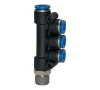 Répartiteur T-Multi-distributeurs"Blue Serie" rotatif, R 1/4 a, pour tuyau extérieur Ø 4 x 4 mm, pour poste de travail. Charge maximale : 15 bars, plastique/MS vern.