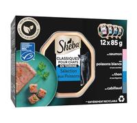 Repas Gourmand et Responsable pour Votre Chat - Sheba Pâtée Adulte Terrine Saumon Thon Cabillaud Poissons Blancs, 12x85g - Lot de 3