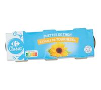 Repas malin et rapide avec des miettes de thon responsables - CARREFOUR CLASSIC', lot de 3 boîtes de 52g à l'huile de tournesol - Lot de 4