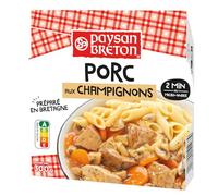 Repas rapide et gourmand en 2 minutes - PAYSAN BRETON Porc aux Champignons, Plat cuisiné micro-ondable, 300g - Lot de 3