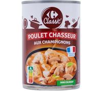 Repas rapide et savoureux avec CARREFOUR CLASSIC' Poulet Chasseur aux champignons, format 400g, poulet français, sans colorant - Lot de 3