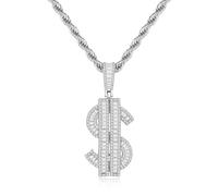 RepaTime Collier en argent avec signe dollar pour homme avec oxyde de zirconium - Chaîne en acier inoxydable glacé - Tendance - Cadeau hip-hop - Bijoux de rappeur - Laiton - Sans pierre précieuse