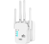 Répéteur WiFi, amplificateur de signal WiFi, répéteur Wi Fi longue portée, 4 antennes, 2 ports LAN, couverture totale à 360°, couverture jusqu'à 9 800 m³ pour maison et bureau