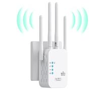 Repeteur WiFi Puissant, Amplificateur WiFi 1200Mbps Double Bande 5GHz/2.4GHz, Répéteur WiFi 4 Antennes, 2 Ports LAN, WiFi Extender Compatible avec Toutes Les Box Internet