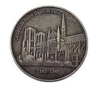 Réplique de pièce commémorative Notre-Dame de Paris, pièce de collection antique argentée avec motif en relief de cathédrale gothique 1163-1345, pièce de style vintage pour exposition historique et co