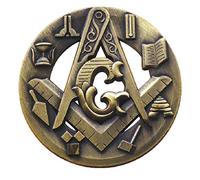 Réplique d'une pièce commémorative maçonnique ajourée, motif creux en bronze antique avec emblème compas et équerre, pièce de collection franc-maçonne pour exposition symbolique et collection numismat