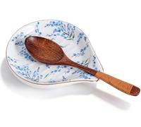 Repose-cuillère en céramique pour dessus de cuisinière, 12,7 cm, bordure dorée pour comptoir de cuisine, porte-ustensiles de cuisine de ferme pour cuillères, louches, spatule, fleur bleue