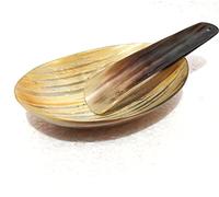 Repose-cuillère en corne naturelle, fabriqué à la main, motif rayé, couleurs marron et crème