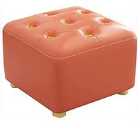 Repose-pieds en cuir orange avec bouton doré, petit pouf cube, 30 x 30 x 25 cm, élégant pour salon, chambre ou décoration de bureau.