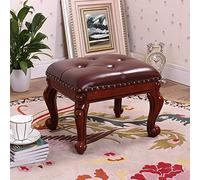 Repose-pieds ottoman vintage en cuir synthétique de luxe avec boutons - Petit repose-pieds rembourré sur pieds en bois sculpté - 37 x 30 cm - Bleu