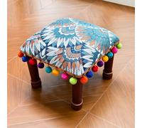 Repose-pieds rembourré, banc à chaussures doux, banc d'appoint bas avec pieds en bois massif, ottoman jacquard en coton et lin pour entrée, salon, chambre à coucher