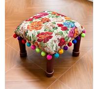 Repose-pieds rembourré, banc à chaussures doux, banc d'appoint bas avec pieds en bois massif, ottoman jacquard en coton et lin pour entrée, salon, chambre à coucher