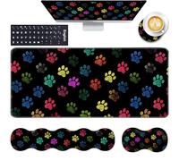 Repose-poignet pour clavier et tapis de souris avec support de poignet, dessous de verre ergonomique, mousse à mémoire de forme, facile à saisir, grand tapis de bureau XL 80 x 30 cm, empreintes de pattes colorées