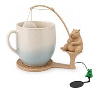 Repose-sachet de thé et cuillère « Fishing Friends » (#C) | Adorable support pour sachet de thé en forme d'animal pour tasses et mugs ; attache-fil de thé pêcheur avec repose-cuillère