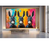 Reproduction d'une peinture à l'huile représentant un trio d'ânes colorés, art mural animalier moderne, décoration pop art de ferme, œuvre d'art contemporaine sur toile (70 x 110 cm / cadre intérieur)