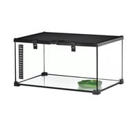 Reptilienbox Terrarium, inkl. Streifenthermometer, Fütterungsklappen, 50 cm x 30 cm x 25 cm, Glas + Metall, Schwarz