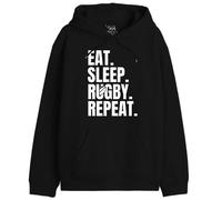 Republic Of California Eat, Sleep, Rugby, Repeat imprimé Hooded Sweatshirt Homme -Coupe Standard Winter Wear avec Capuche à Cordon de Serrage et Poche Kangourou,Repeat_Noir,Taille XL