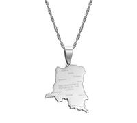 République Démocratique Du Congo Carte Villes Charme Pendentif Et Chaîne Colliers,Congo National Pour Femmes Hommes Cartes Géométrie Bijoux Amulette Ornements Patriotiques,Argent,60Cm Chaîne