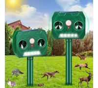 Répulsif ultrasonique solaire 2025 contre les rats, écureuils, cerfs, ratons laveurs, mouffettes, lapins, taupes, chiens, chats. Étanche avec détecteur de mouvement et lumières LED flash pour la cour,