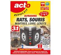 Acto Répulsif ultrasons 3 en 1 – Grand angle 300 m² – Rats, Souris, Martres, Loirs, Lérots