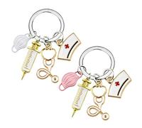 REQAG 2 Pièces Porte Cle Infirmiere avec Seringue Bonnet et Stéthoscope Creative Porte Clef Femme Cadeau pour Les Amis Ou Les Infirmières Médicales
